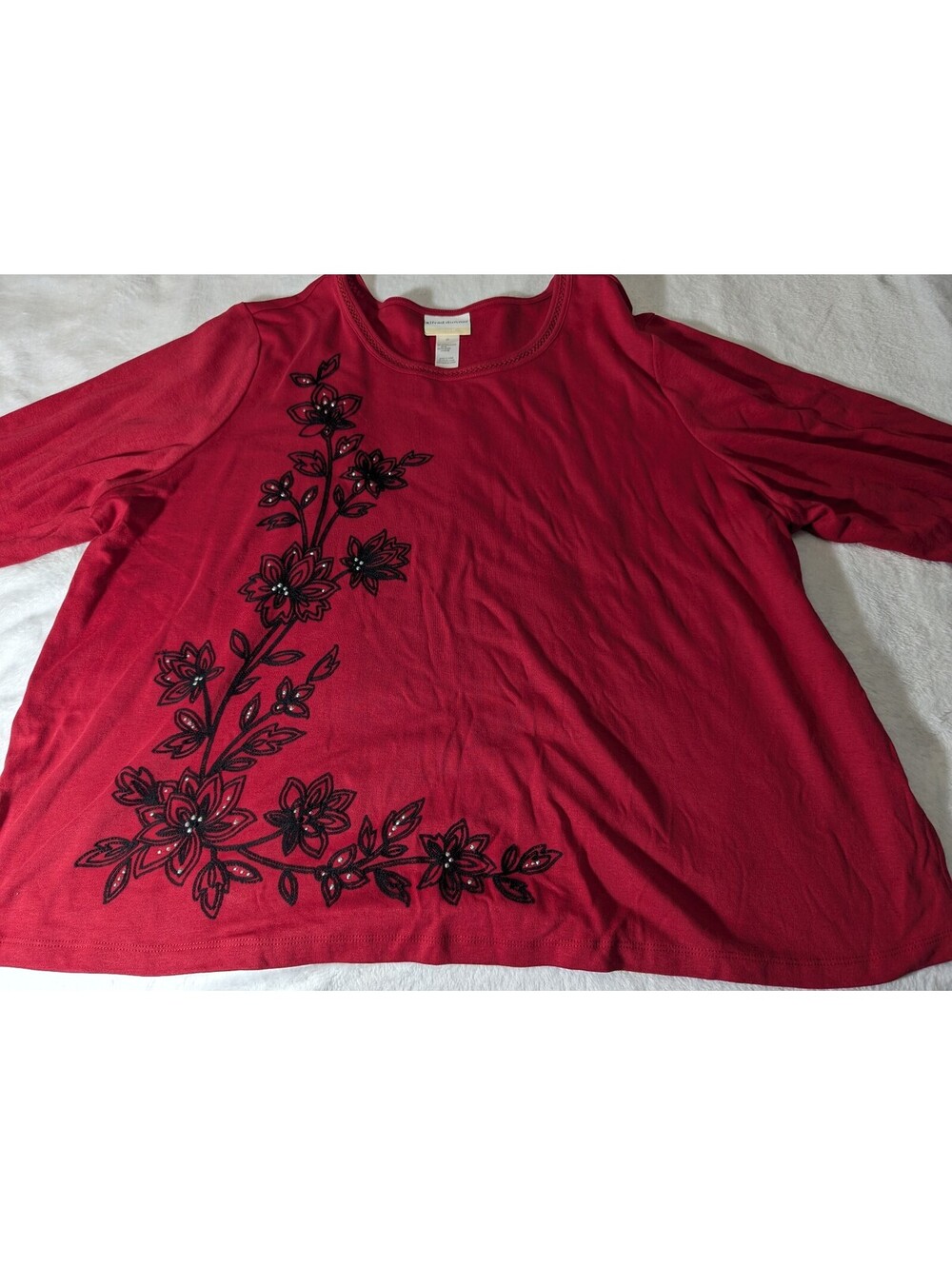 Alfred Dunner Women's 3X Red Long Sleeve Top with Black Floral Embroidery